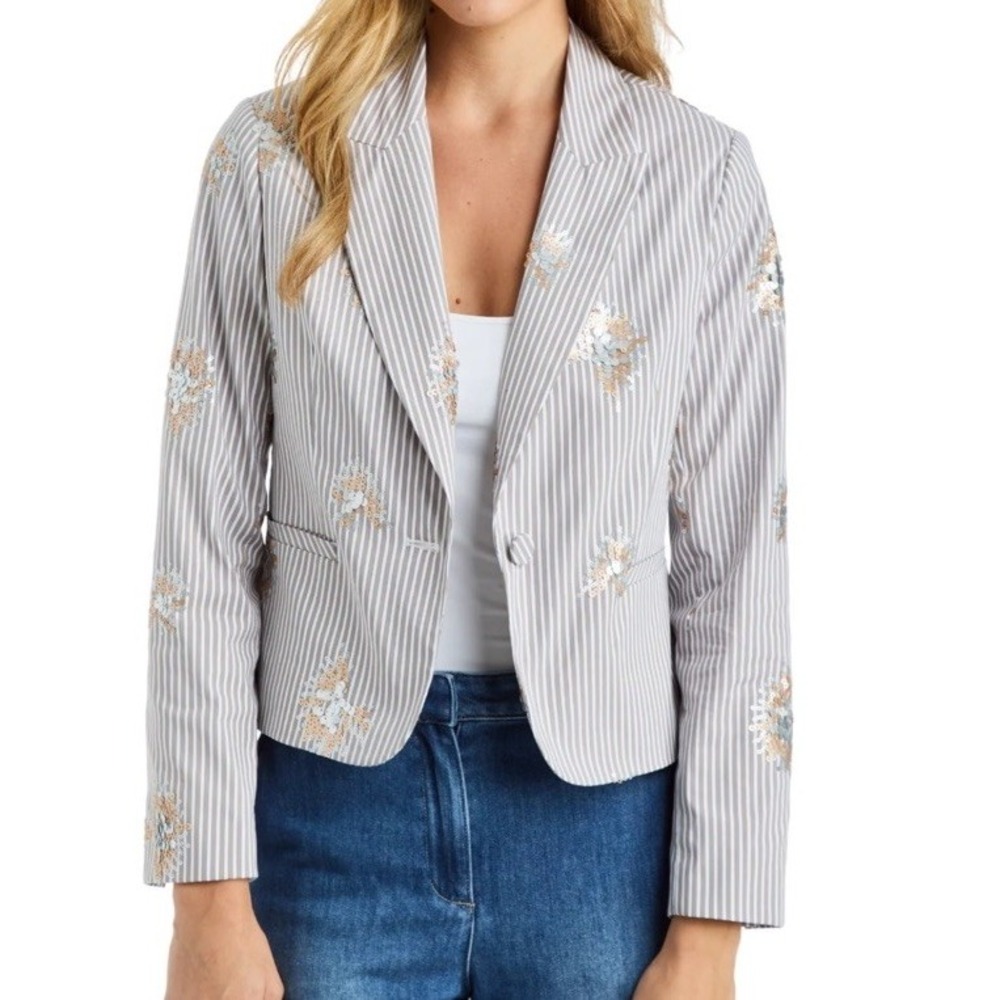Drew Clothing Oaklee Pinstripe Blazer Jacket Sequin Floral Embellished Women's M